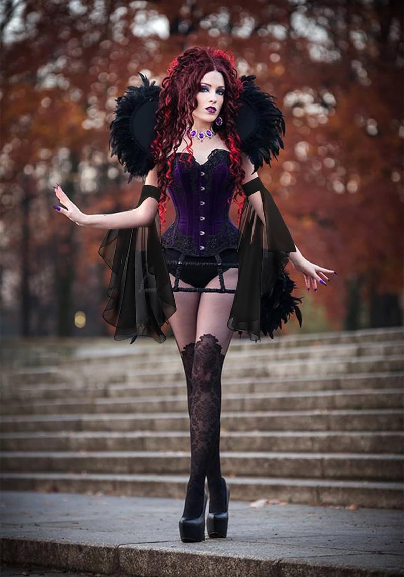 Procos Women's Victorian Long Tulle Gloves Gothic Black Lace Chiffon Detachable Sleeves Vampire Witch Cosplay Costume - Image 2